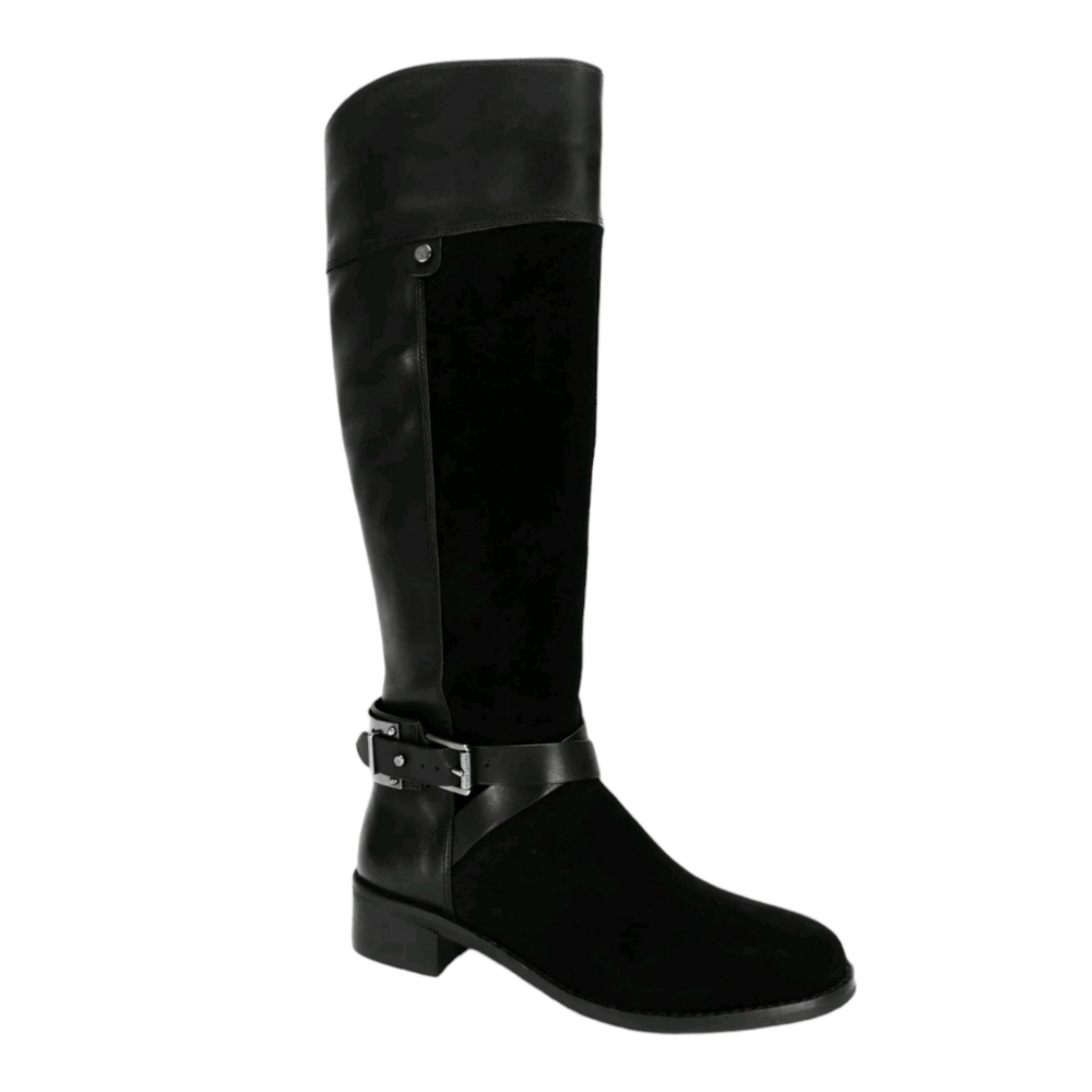 Vince Camuto Jaran Black Leather Suede Knee High Riding Boots Buckle 7.5M